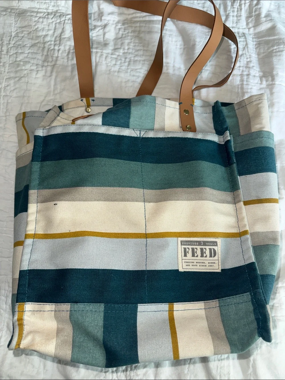 FEED Striped Canvas Tote in Teal, Cream & Mustard